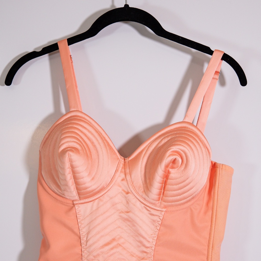 Jean Paul Gaultier Iconic Cone Bra Satin Corset Lace Up Back Mini Dress Pink 2 - Picture 2 of 5